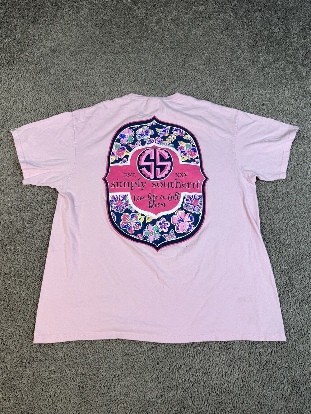 Simply Southern Shirt Womens L Pink Graphic Crew Neck 100% Cotton Floral Print